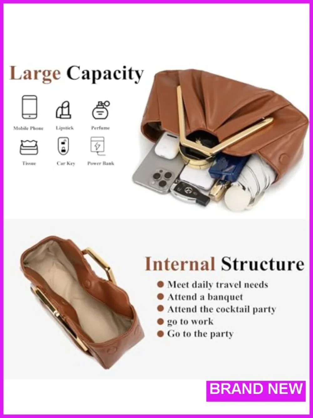 Vegan Leather Ruched Clutch Purse Evening Bag Magnetic Snap